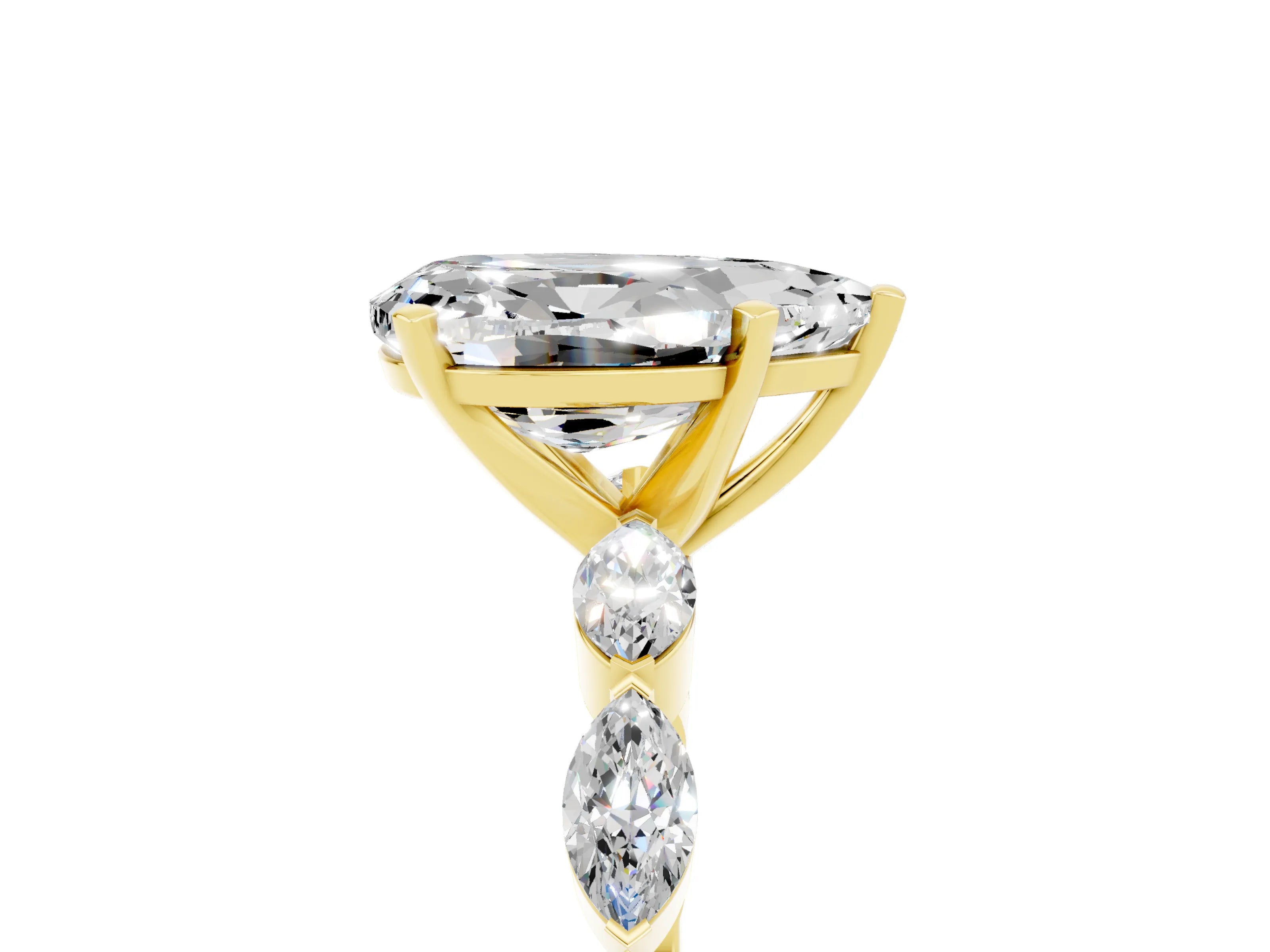 Yellow gold Pear Cut Moissanite Ring with Marquise Side Stones and Prong Setting_5