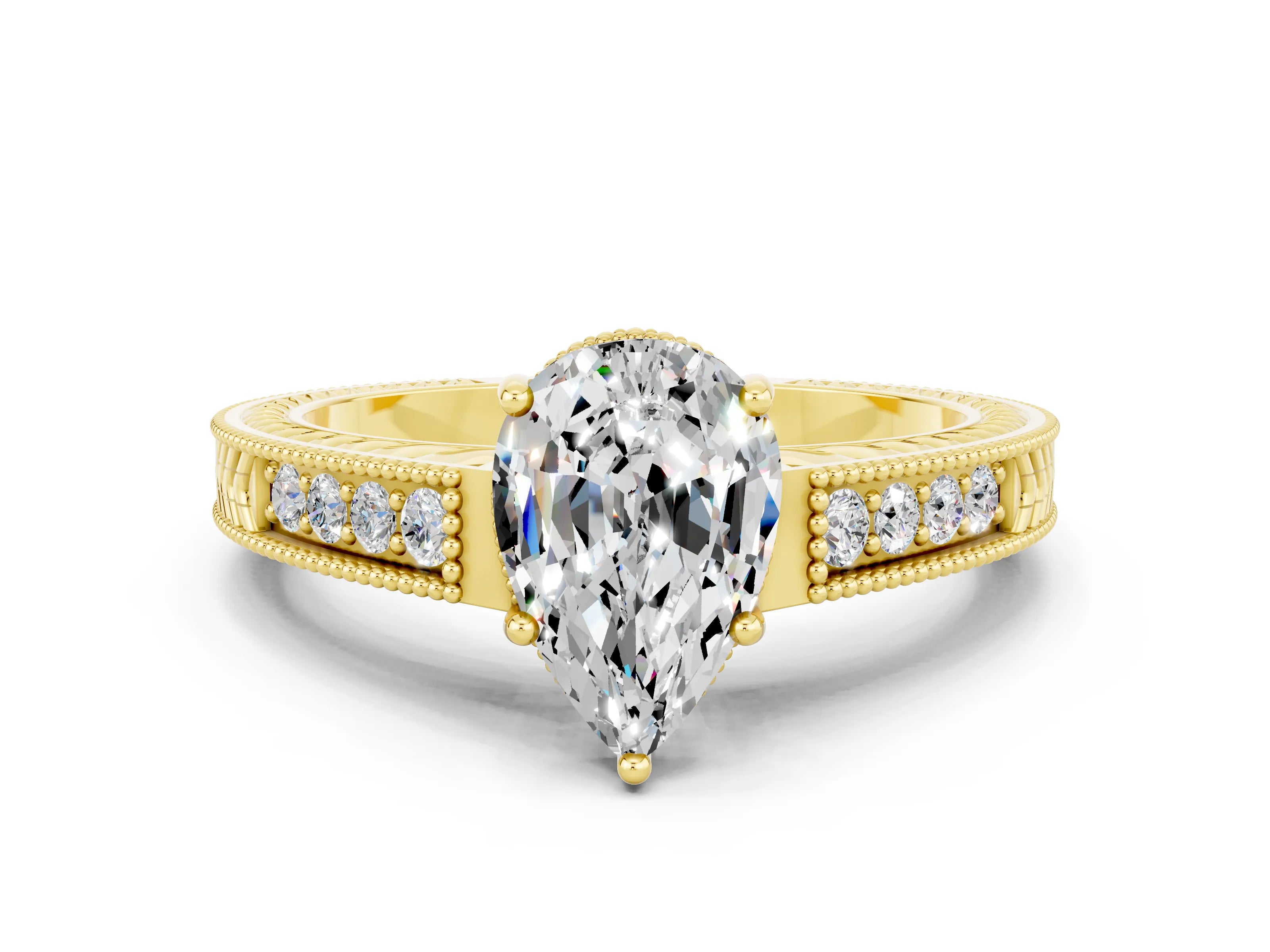Yellow gold Pear Cut Moissanite Ring with Milgrain Pavé Band and Four-Prong Setting_12