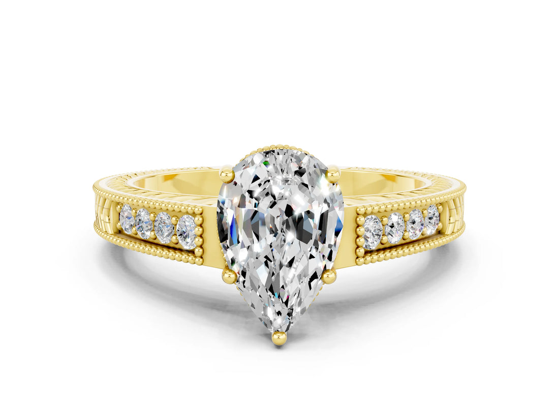 Yellow gold Pear Cut Moissanite Ring with Milgrain Pavé Band and Four-Prong Setting_12