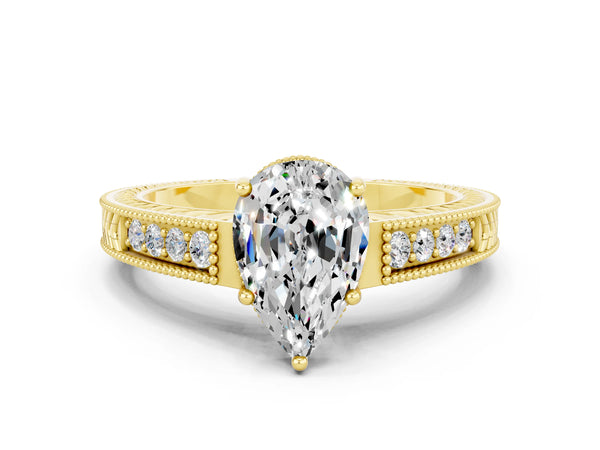 Yellow gold Pear Cut Moissanite Ring with Milgrain Pavé Band and Four-Prong Setting