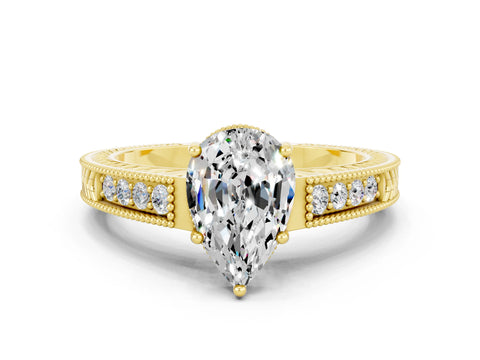 Yellow gold Pear Cut Moissanite Ring with Milgrain Pavé Band and Four-Prong Setting_12