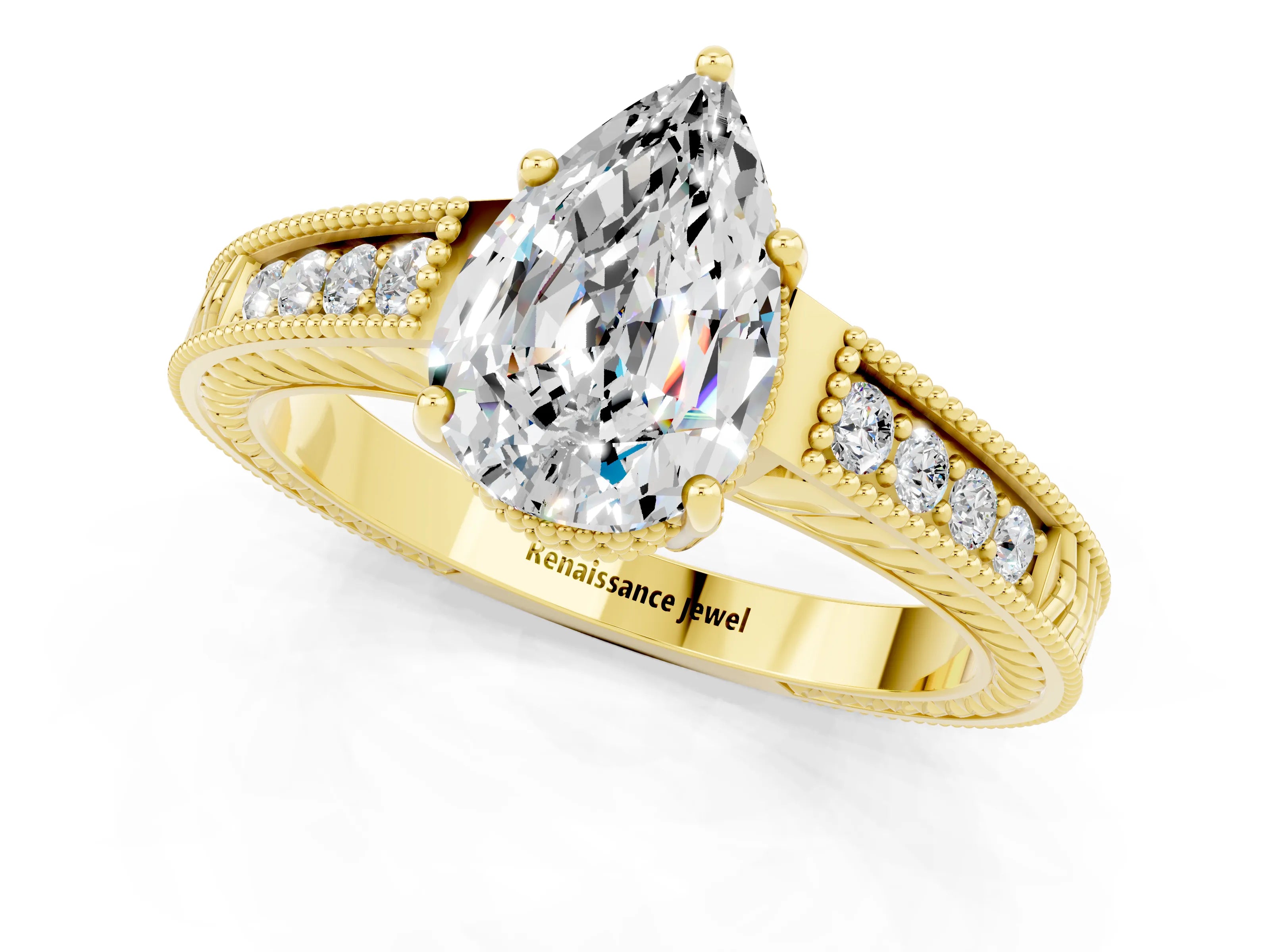 Yellow gold Pear Cut Moissanite Ring with Milgrain Pavé Band and Four-Prong Setting_13