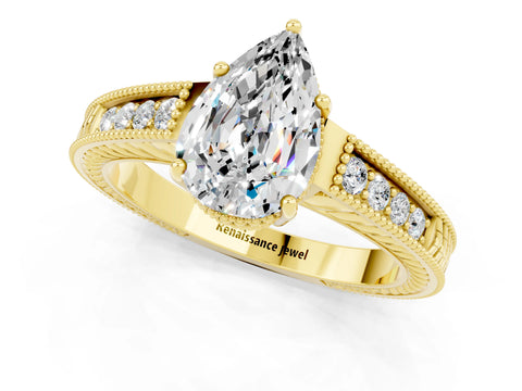 Yellow gold Pear Cut Moissanite Ring with Milgrain Pavé Band and Four-Prong Setting_13