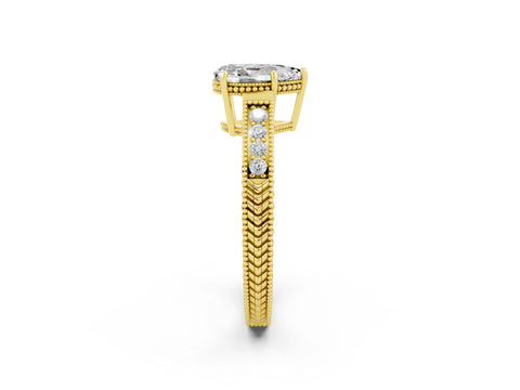 Yellow gold Pear Cut Moissanite Ring with Milgrain Pavé Band and Four-Prong Setting_14
