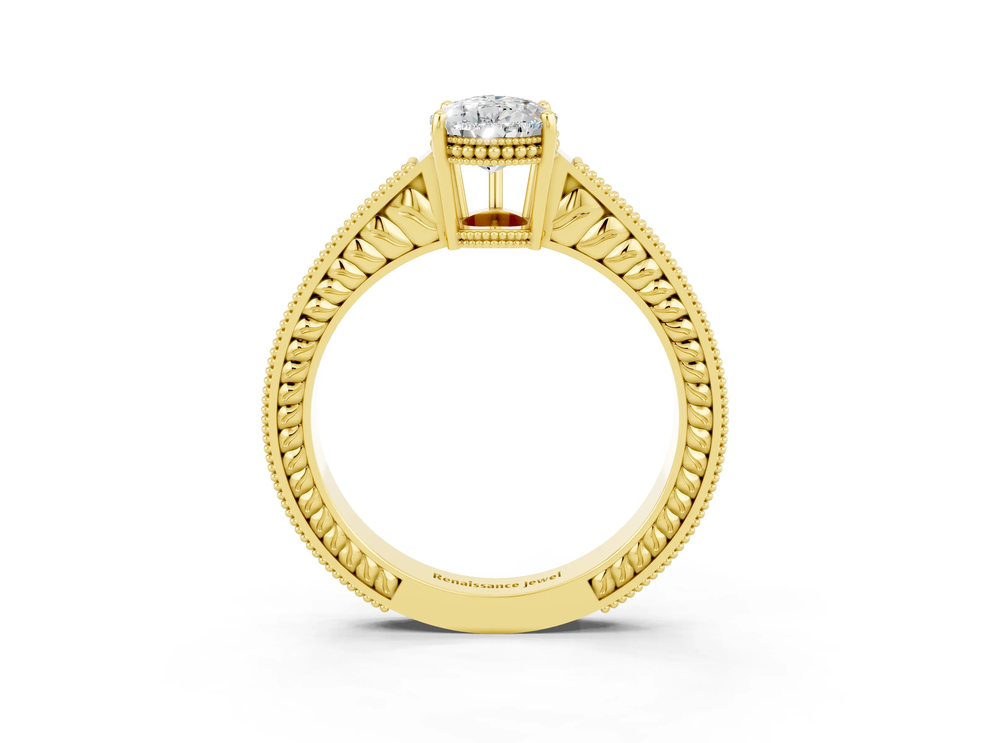 Yellow gold Pear Cut Moissanite Ring with Milgrain Pavé Band and Four-Prong Setting_15
