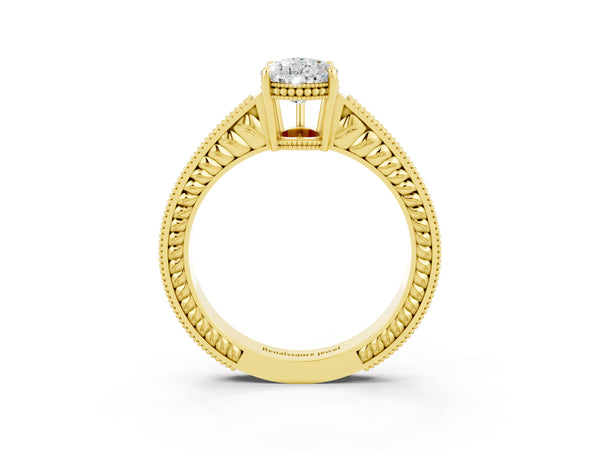 Yellow gold Pear Cut Moissanite Ring with Milgrain Pavé Band and Four-Prong Setting