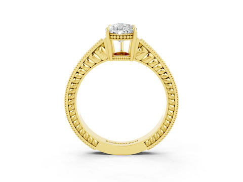 Yellow gold Pear Cut Moissanite Ring with Milgrain Pavé Band and Four-Prong Setting_15