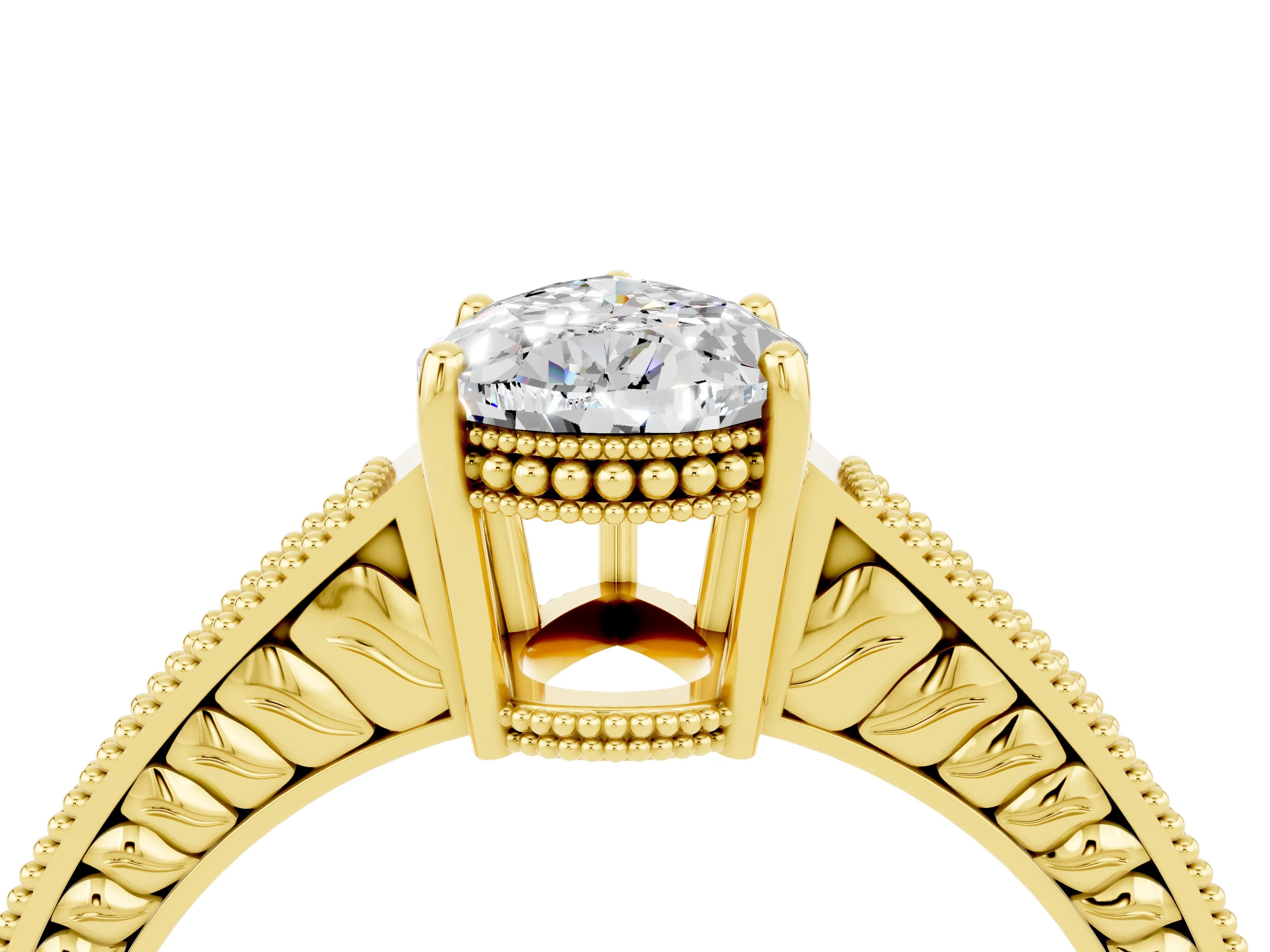 Yellow gold Pear Cut Moissanite Ring with Milgrain Pavé Band and Four-Prong Setting_16