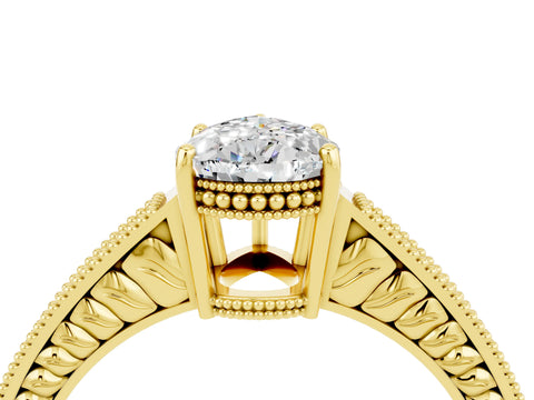 Yellow gold Pear Cut Moissanite Ring with Milgrain Pavé Band and Four-Prong Setting_16