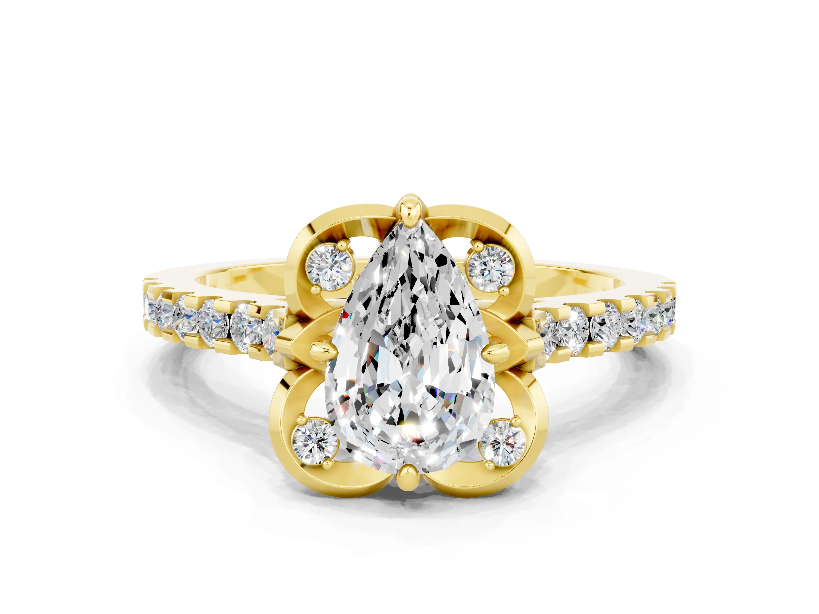 Yellow gold Pear Cut Moissanite Ring with Pavé Band and Floral Prong Setting