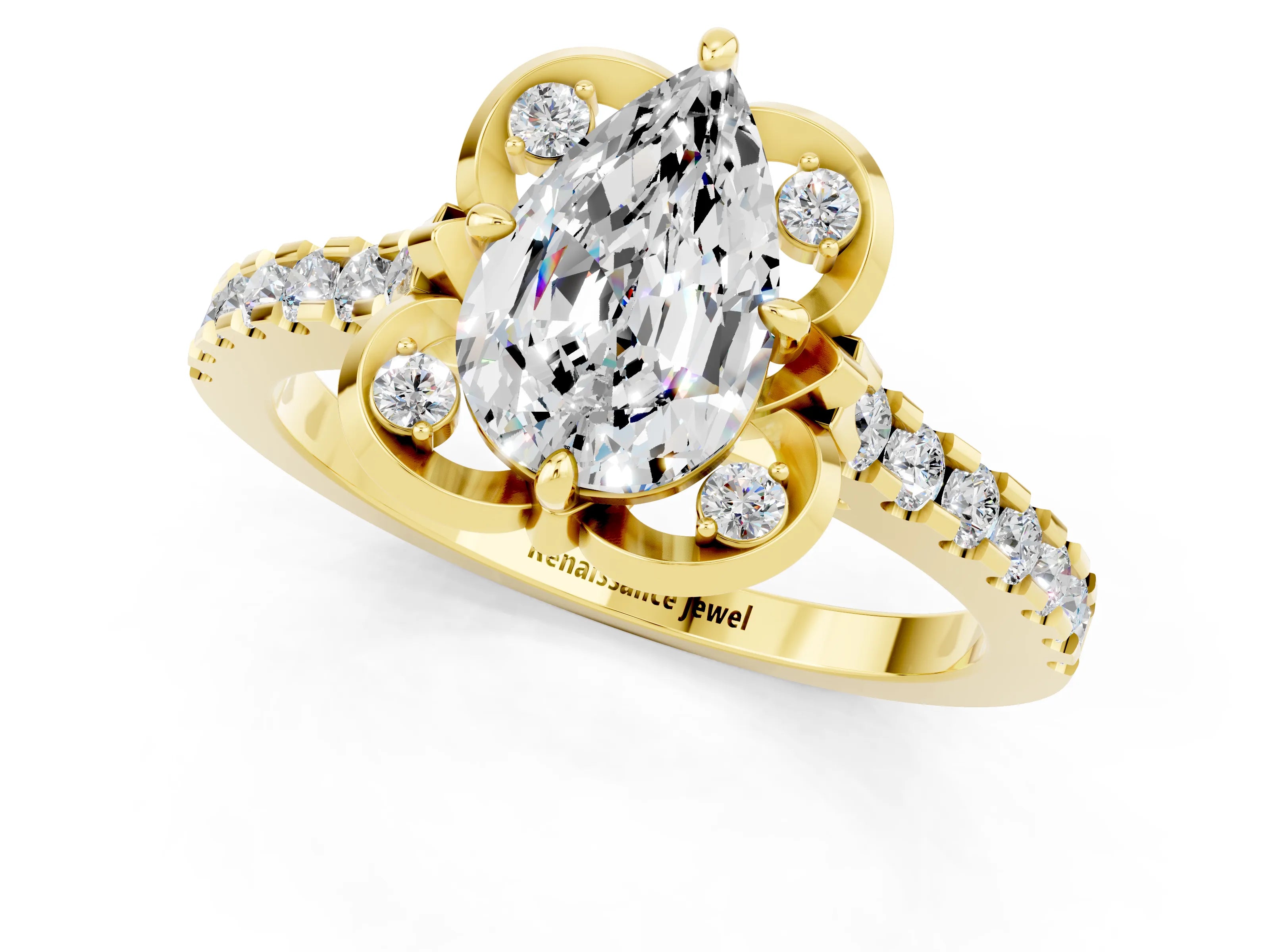 Yellow gold Pear Cut Moissanite Ring with Pavé Band and Floral Prong Setting_1