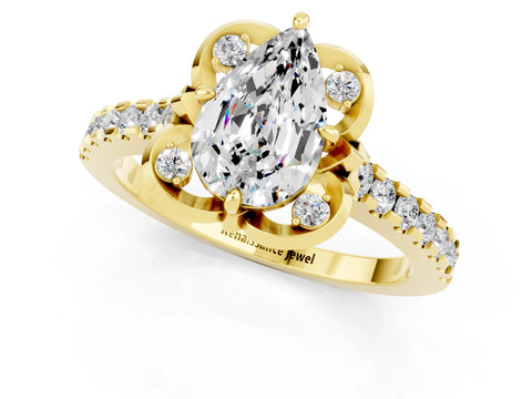 Yellow gold Pear Cut Moissanite Ring with Pavé Band and Floral Prong Setting_1