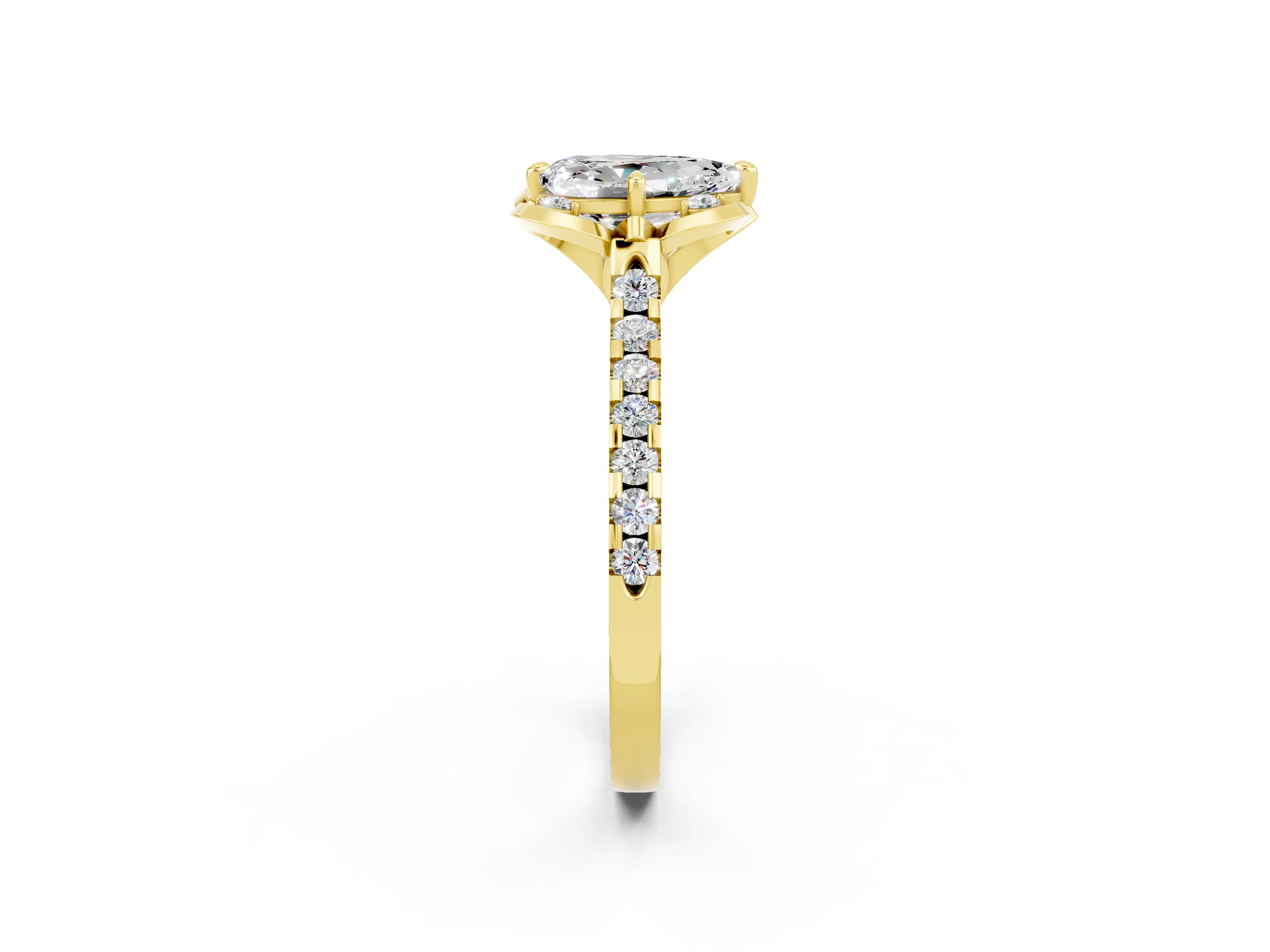 Yellow gold Pear Cut Moissanite Ring with Pavé Band and Floral Prong Setting_2
