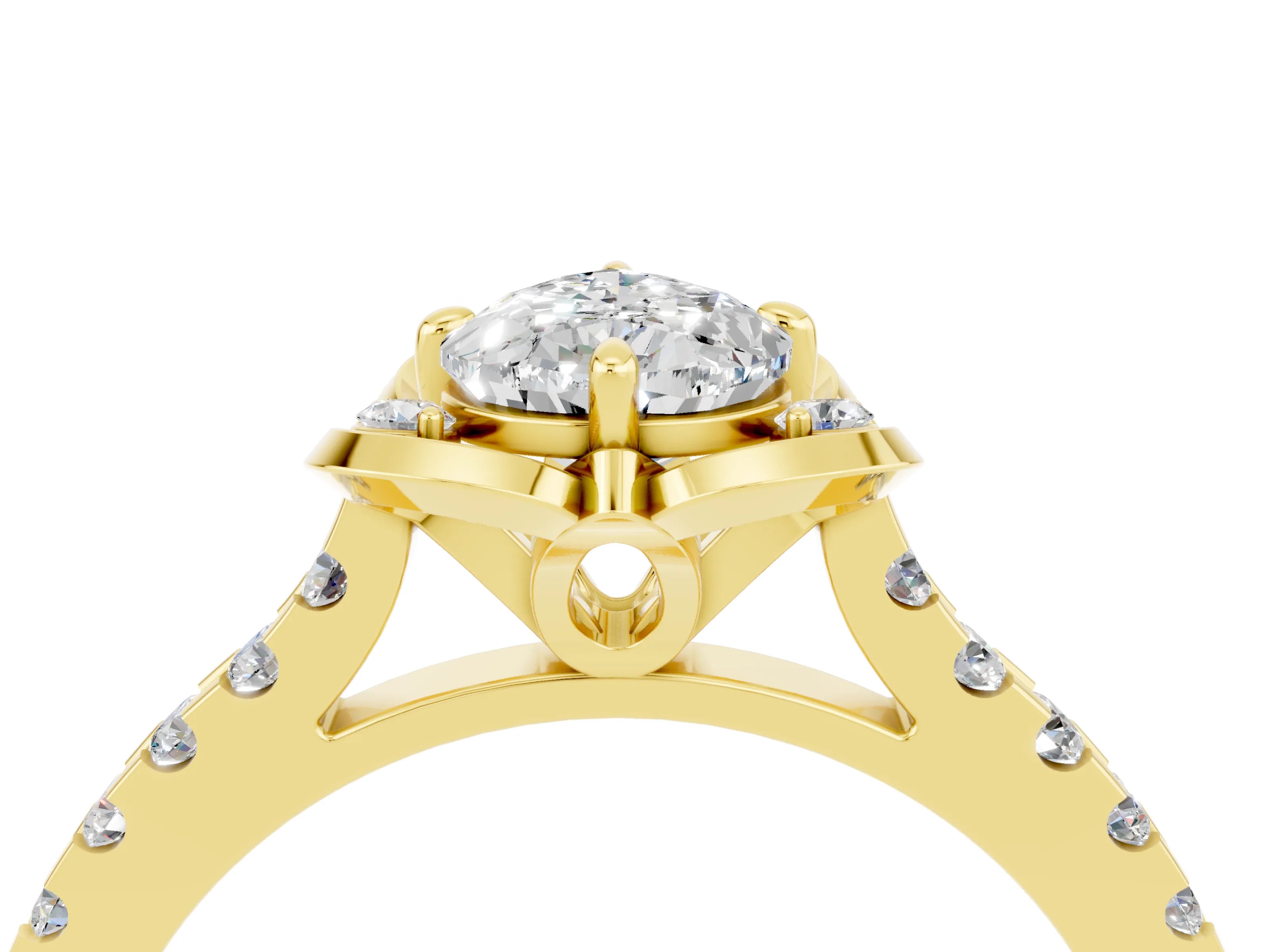 Yellow gold Pear Cut Moissanite Ring with Pavé Band and Floral Prong Setting_4