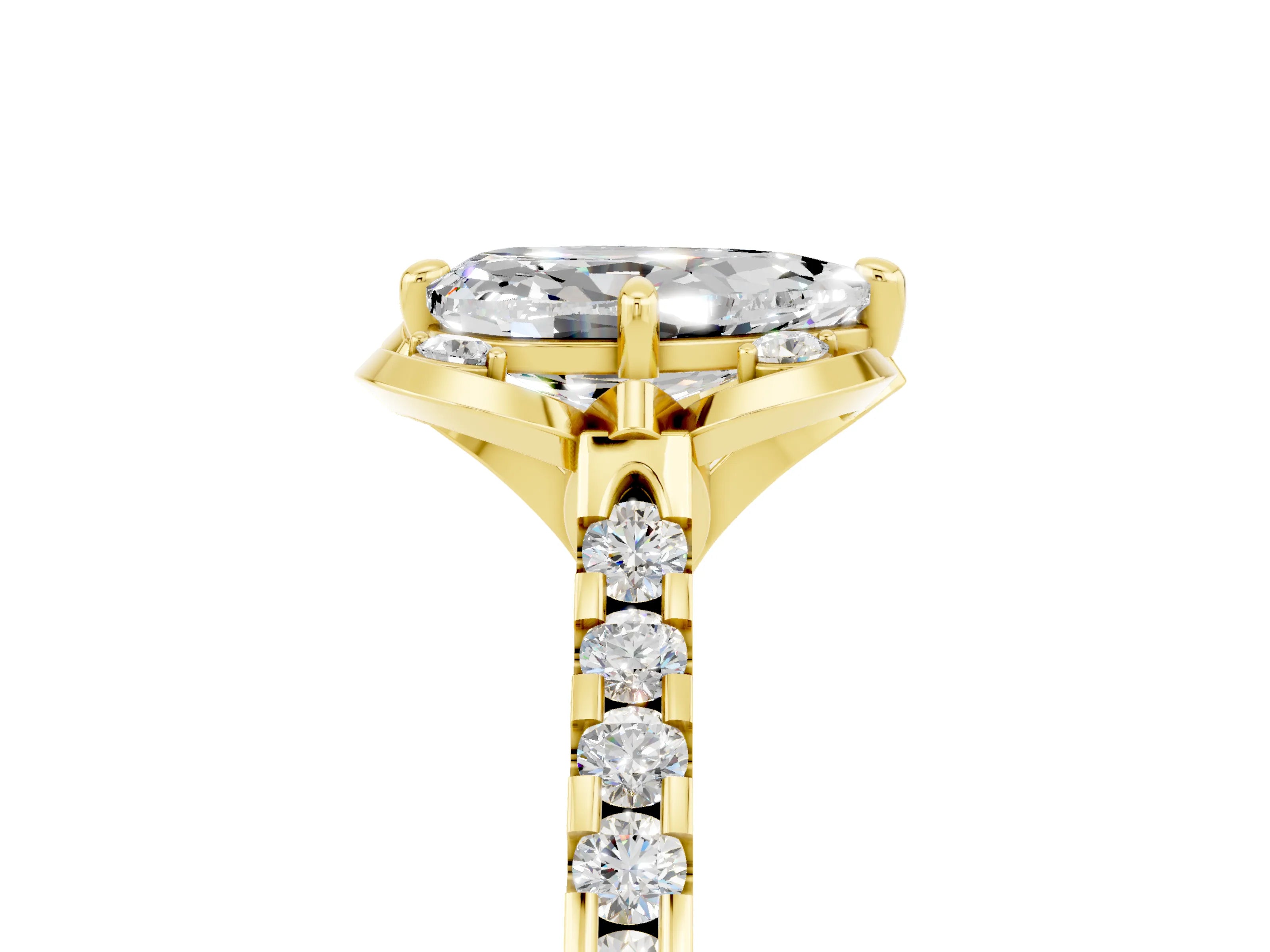 Yellow gold Pear Cut Moissanite Ring with Pavé Band and Floral Prong Setting_5