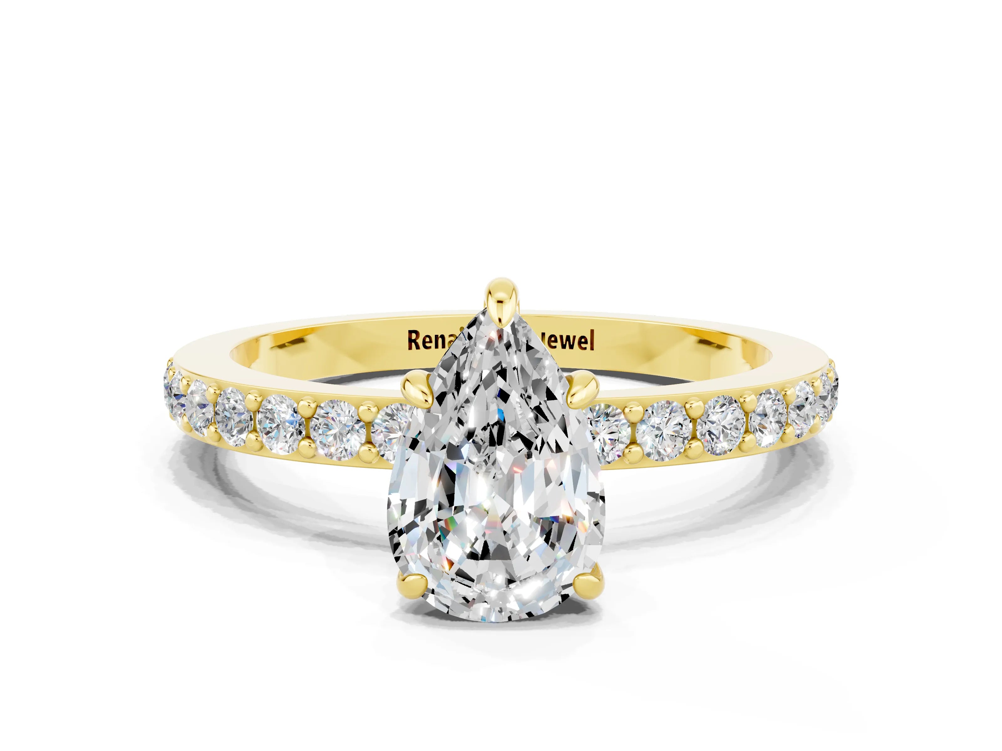 Yellow gold Pear Cut Moissanite Ring with Pavé Band and Four-Prong Setting