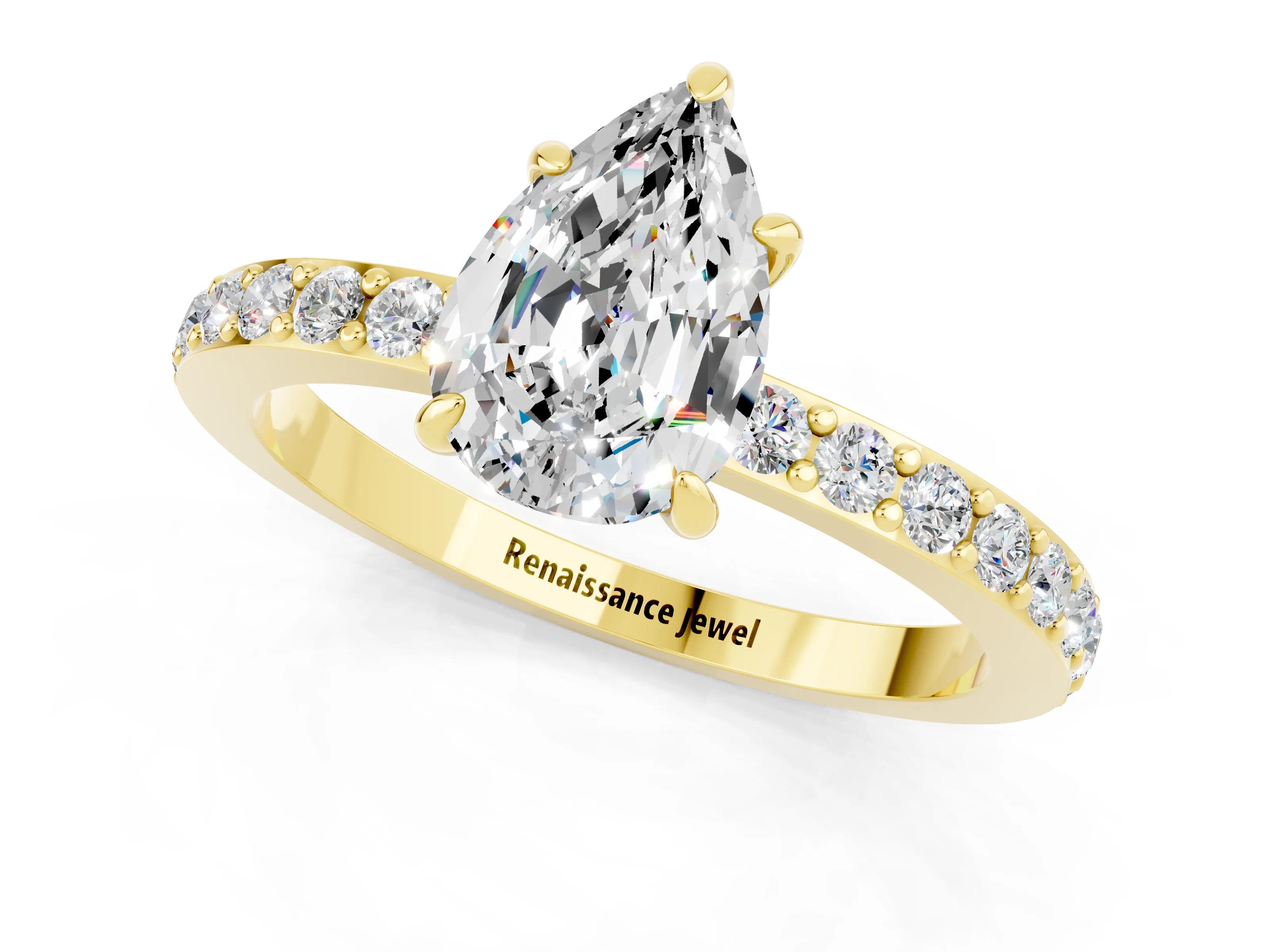 Yellow gold Pear Cut Moissanite Ring with Pavé Band and Four-Prong Setting_1