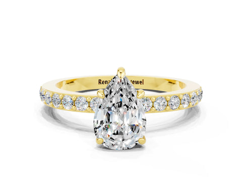 Yellow gold Pear Cut Moissanite Ring with Pavé Band and Four-Prong Setting