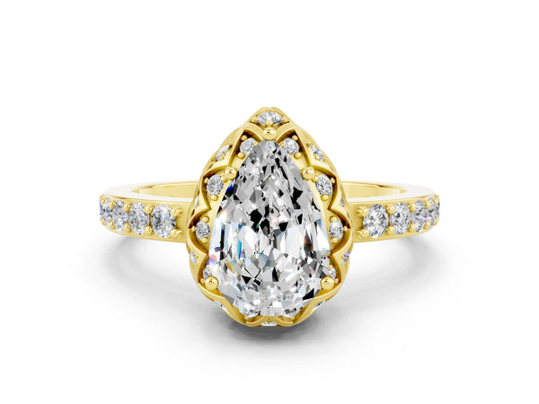 Yellow gold Pear Cut Moissanite Scalloped Halo Engagement Ring with Round Shared Prong Band