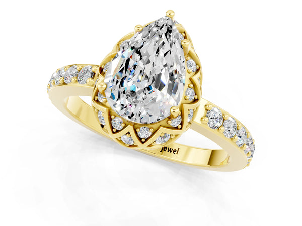 Yellow gold Pear Cut Moissanite Scalloped Halo Engagement Ring with Round Shared Prong Band