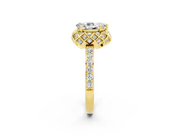 Yellow gold Pear Cut Moissanite Scalloped Halo Engagement Ring with Round Shared Prong Band