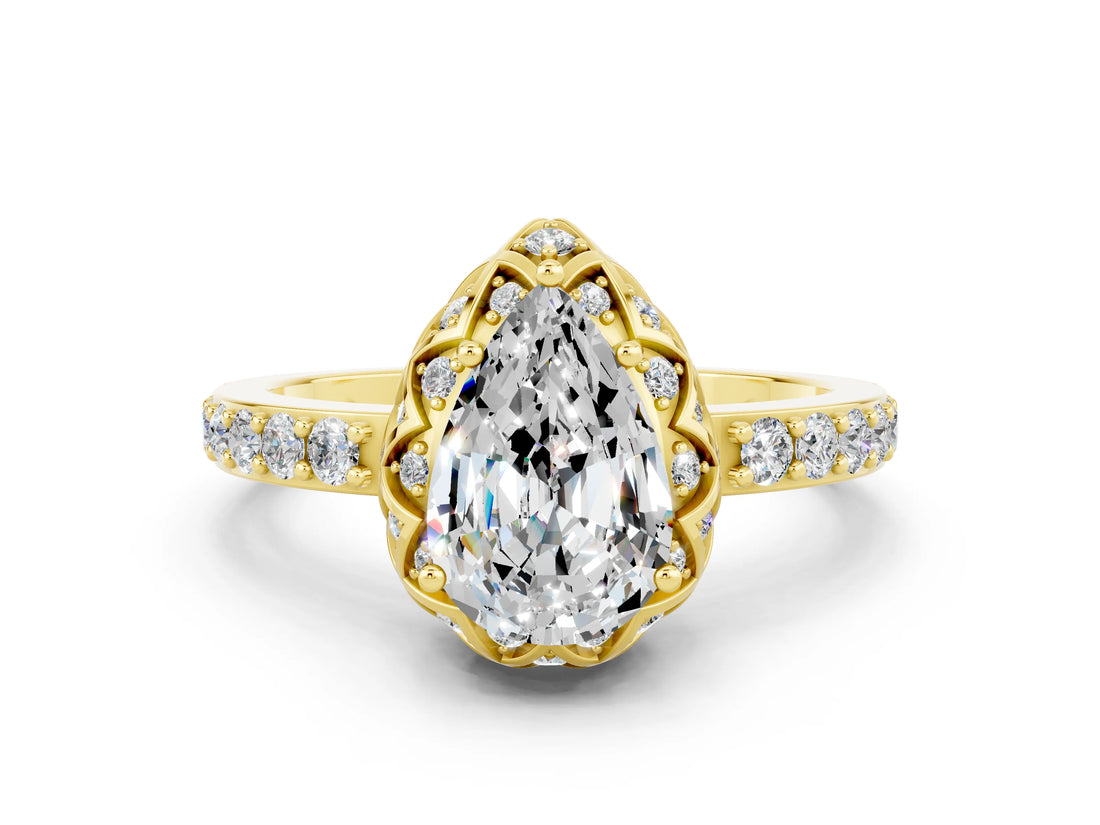 Yellow gold Pear Cut Moissanite Scalloped Halo Engagement Ring with Round Shared Prong Band_24