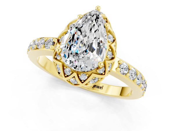 Yellow gold Pear Cut Moissanite Scalloped Halo Engagement Ring with Round Shared Prong Band