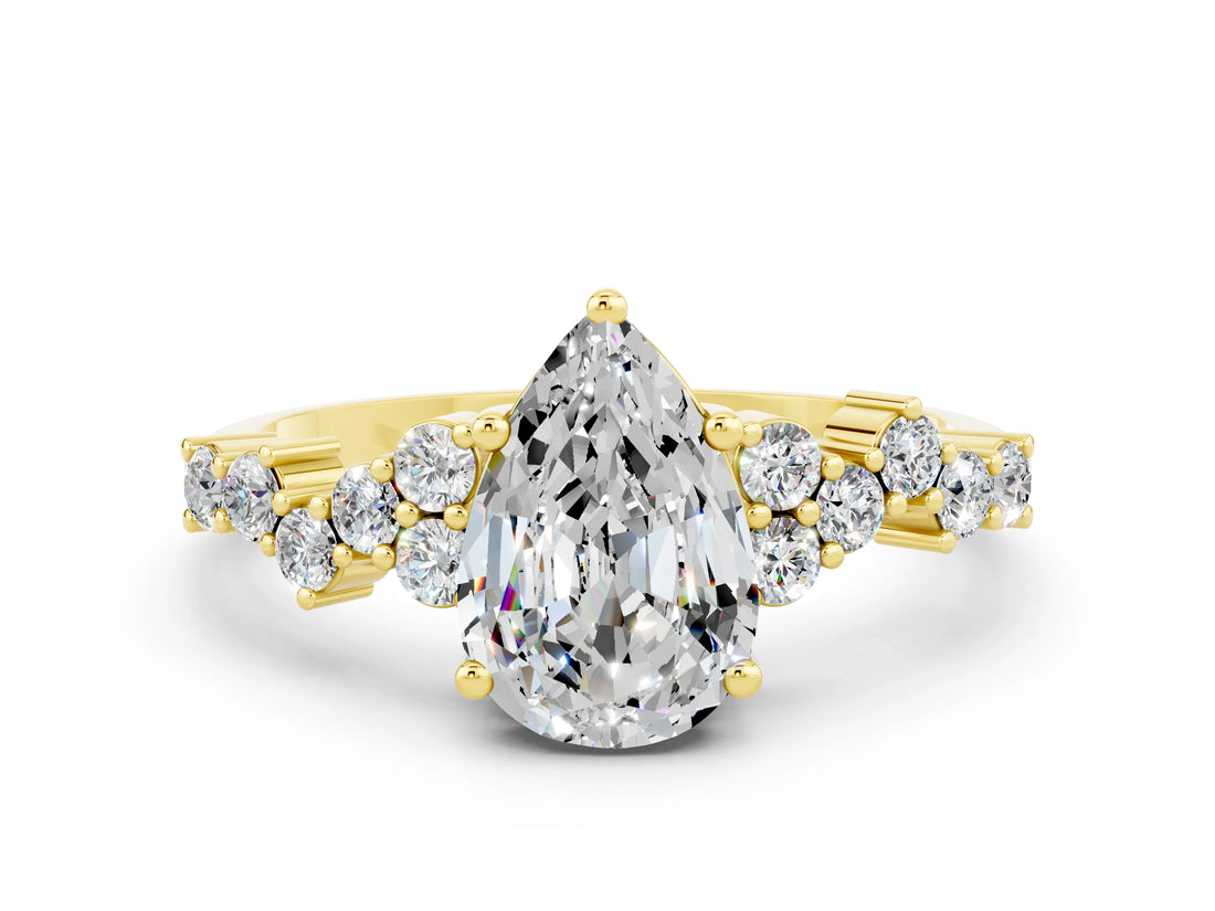 Yellow gold Pear Cut Moissanite Scattered Round Accent Ring with Prong Setting_12