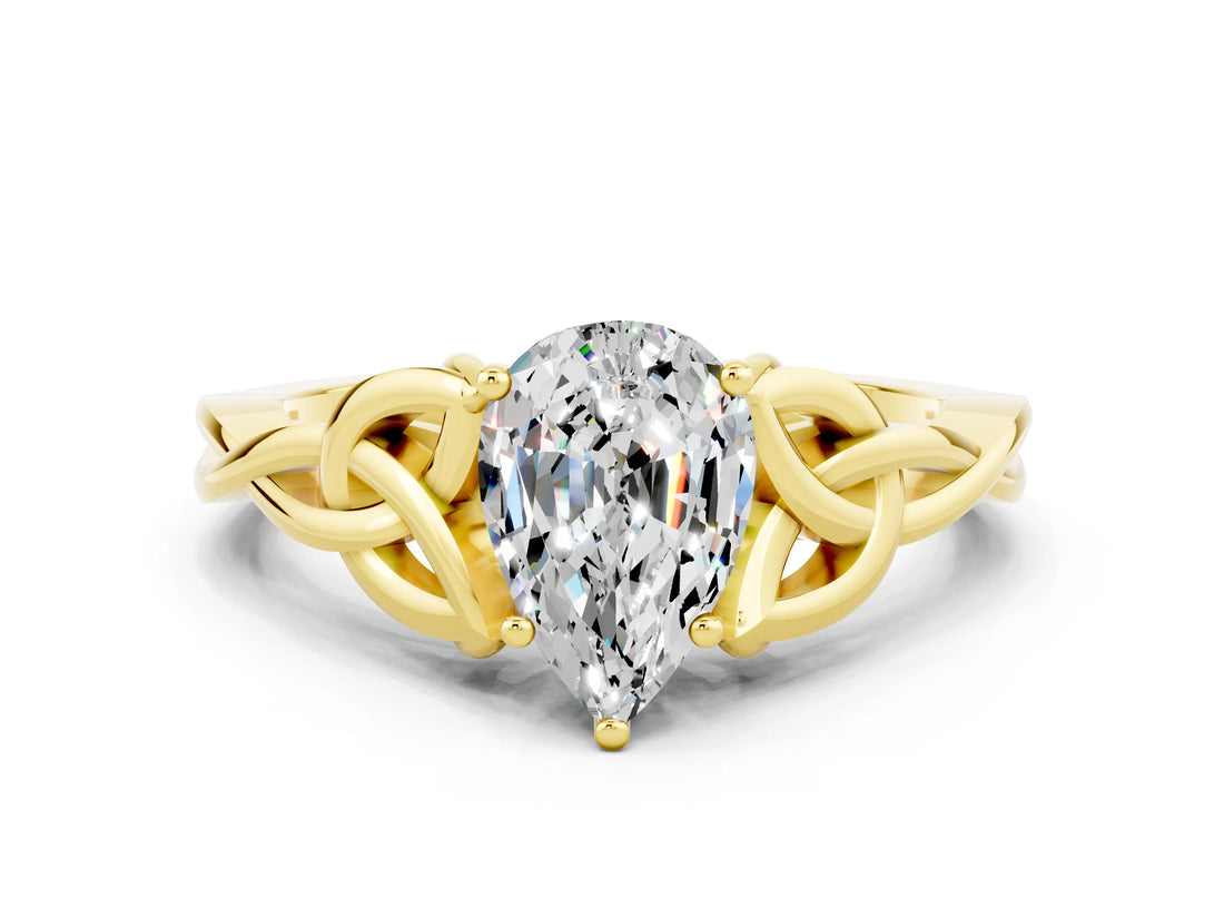 Yellow gold Pear Cut Moissanite Solitaire Celtic Knot Ring with Four-Prong Setting_12