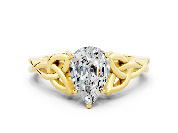 Yellow gold Pear Cut Moissanite Solitaire Celtic Knot Ring with Four-Prong Setting