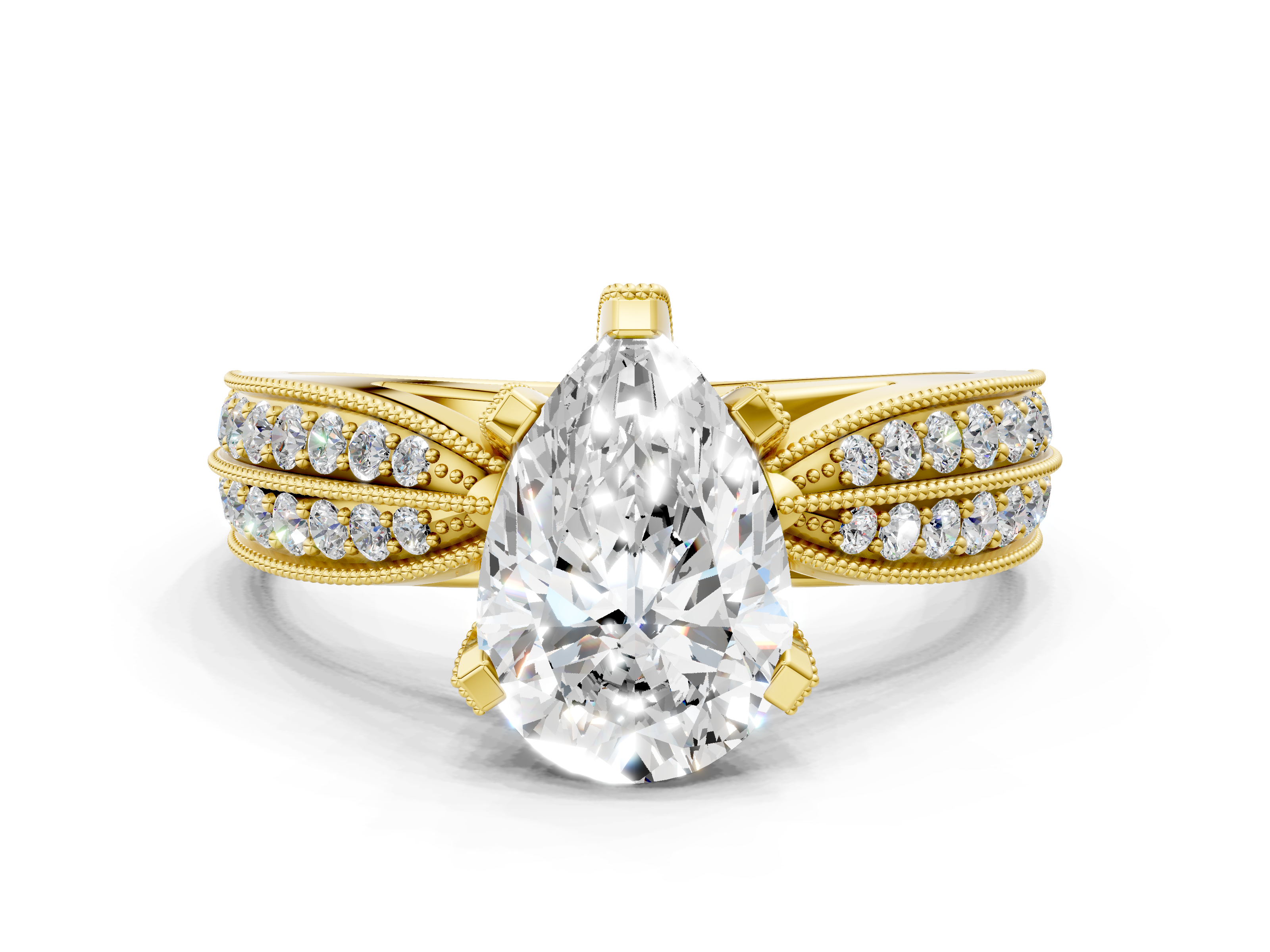 Yellow gold Pear Cut Moissanite   Solitaire Diamond Ring with Milgrain Pavé Band and Four-Prong Setting_51
