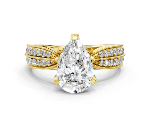 Yellow gold Pear Cut Moissanite   Solitaire Diamond Ring with Milgrain Pavé Band and Four-Prong Setting_51