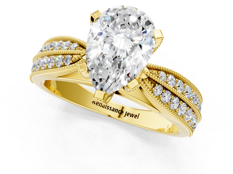 Yellow gold Pear Cut Moissanite   Solitaire Diamond Ring with Milgrain Pavé Band and Four-Prong Setting_52