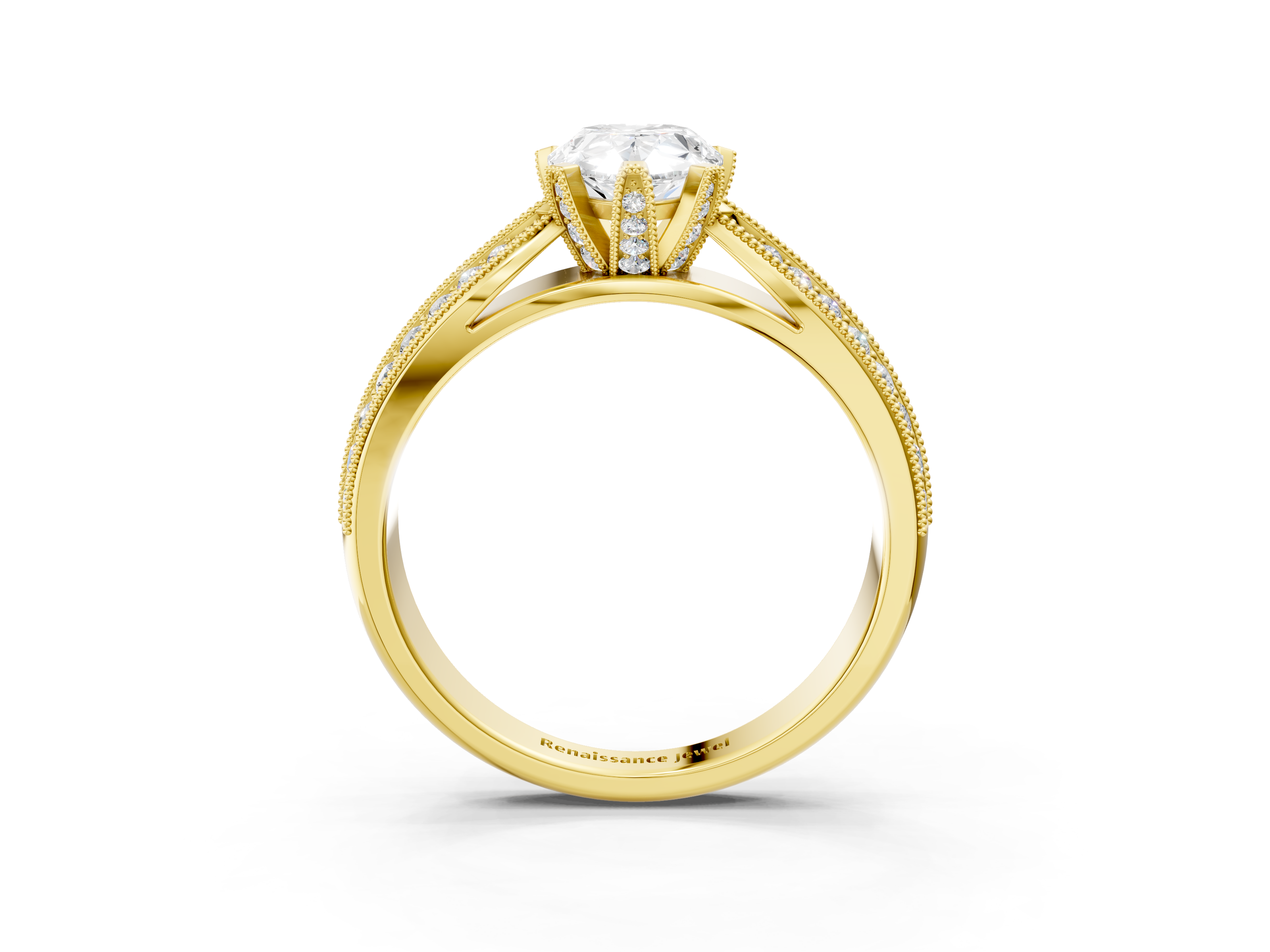 Yellow gold Pear Cut Moissanite   Solitaire Diamond Ring with Milgrain Pavé Band and Four-Prong Setting_54
