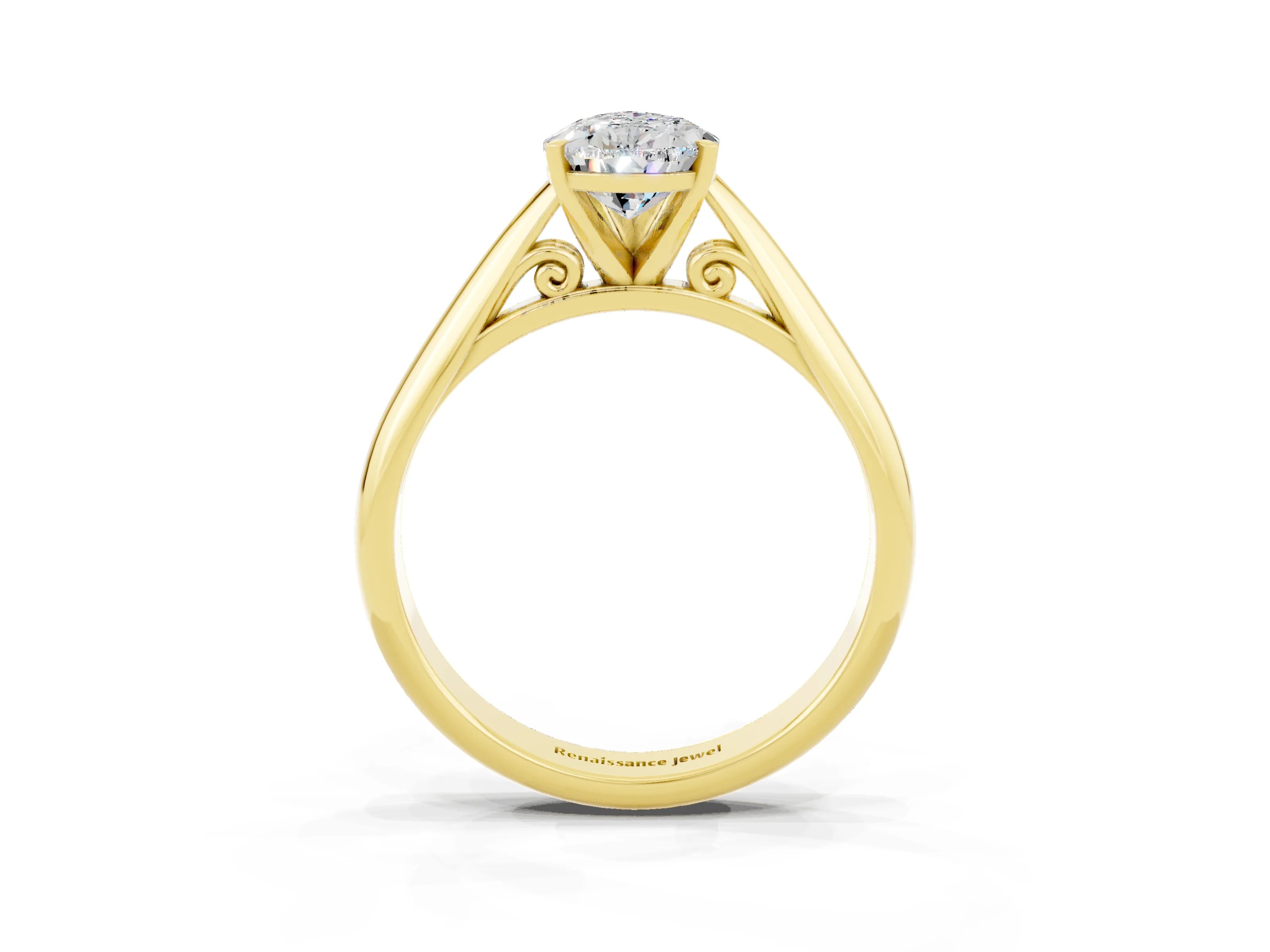 Yellow gold Pear Cut Moissanite Solitaire Engagement Ring with Cathedral Setting and Four-Prong Mount_15