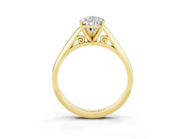 Yellow gold Pear Cut Moissanite Solitaire Engagement Ring with Cathedral Setting and Four-Prong Mount