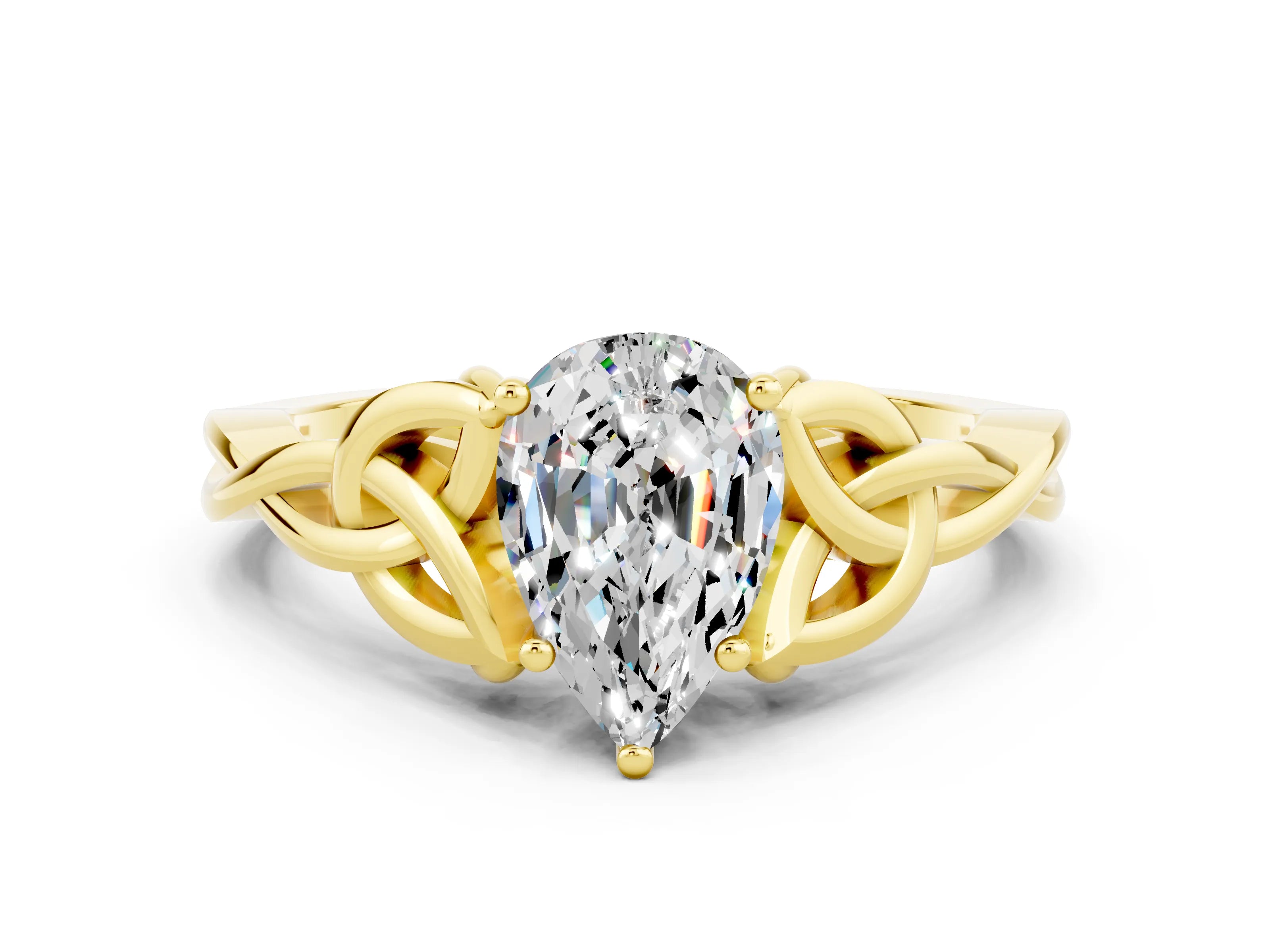 Yellow gold Pear Cut Moissanite Solitaire Engagement Ring with Celtic Knot Band and Four-Prong Setting