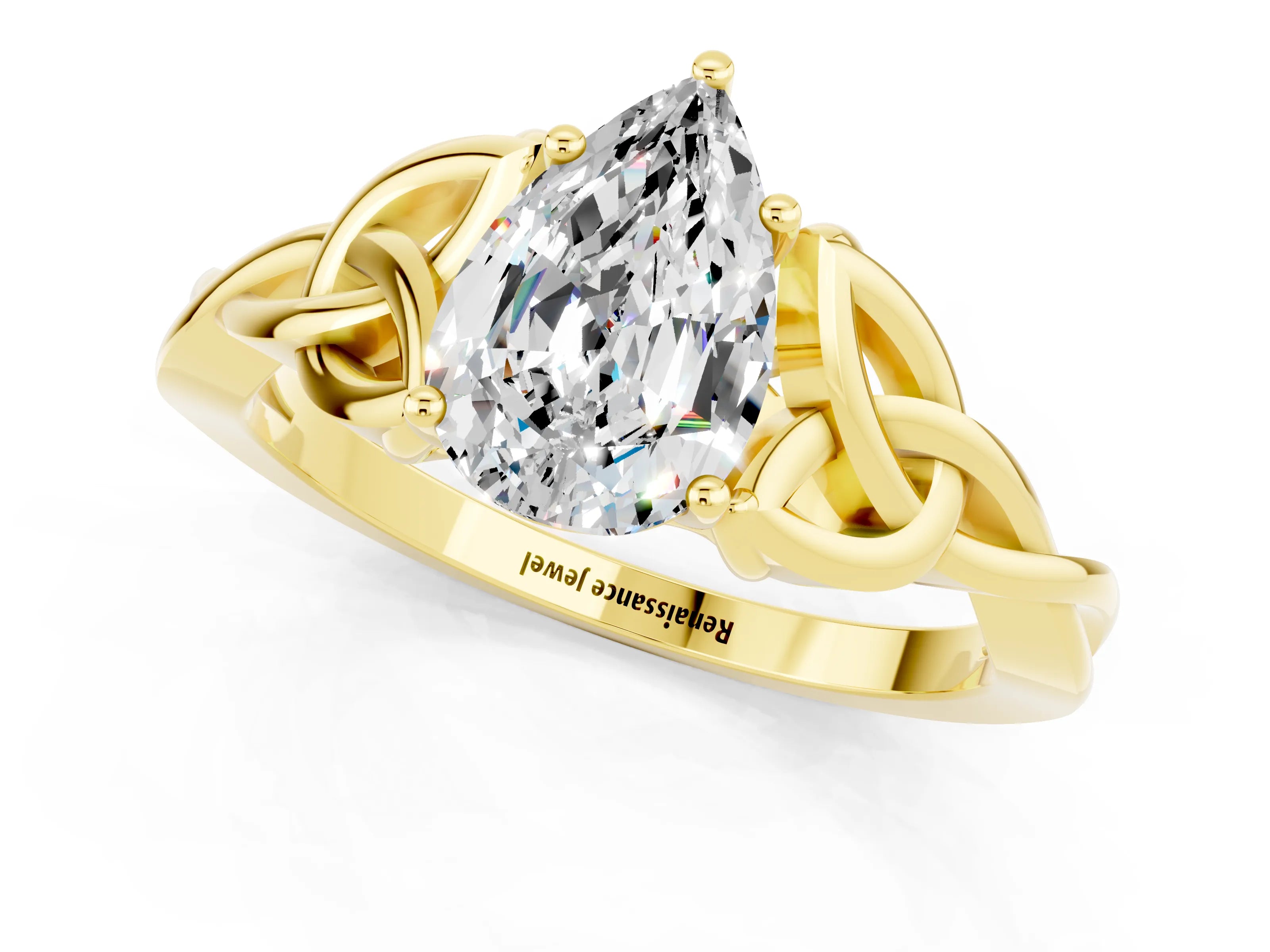 Yellow gold Pear Cut Moissanite Solitaire Engagement Ring with Celtic Knot Band and Four-Prong Setting_1
