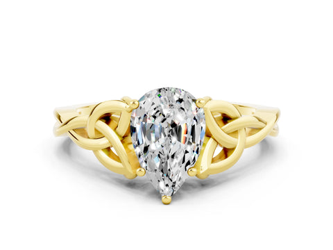 Yellow gold Pear Cut Moissanite Solitaire Engagement Ring with Celtic Knot Band and Four-Prong Setting