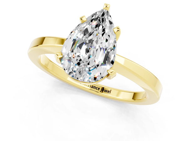 Yellow gold Pear Cut Moissanite Solitaire Engagement Ring with Classic Band and Four-Prong Setting