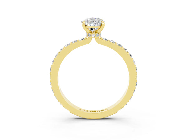 Yellow gold Pear Cut Moissanite Solitaire Engagement Ring with Pavé Band and Four-Prong Setting