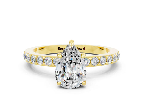 Yellow gold Pear Cut Moissanite Solitaire Engagement Ring with Pavé Band and Four-Prong Setting