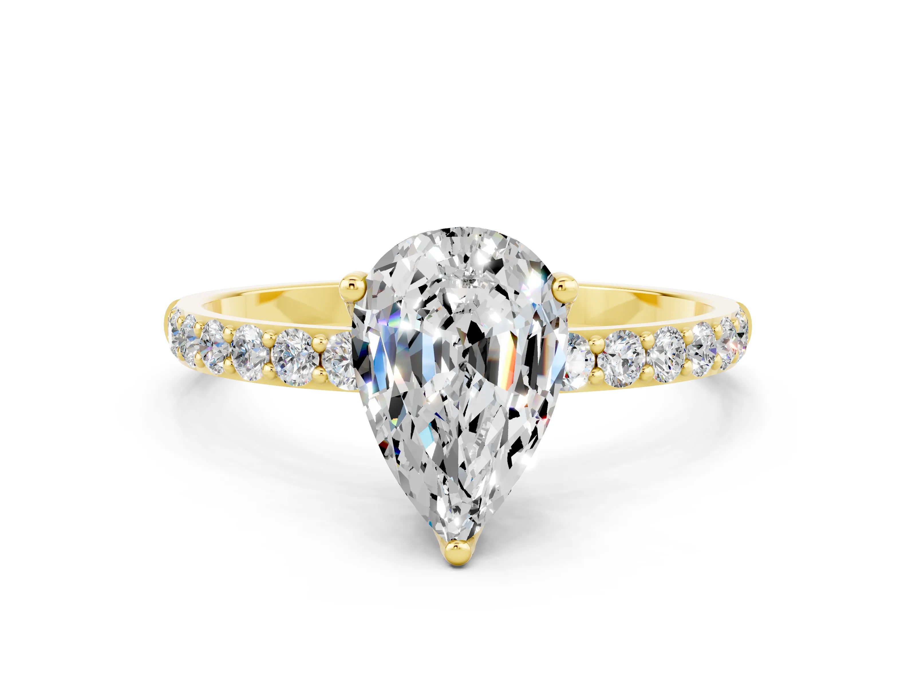 Yellow gold Pear Cut Moissanite Solitaire Engagement Ring with Pavé Band and Prong Setting