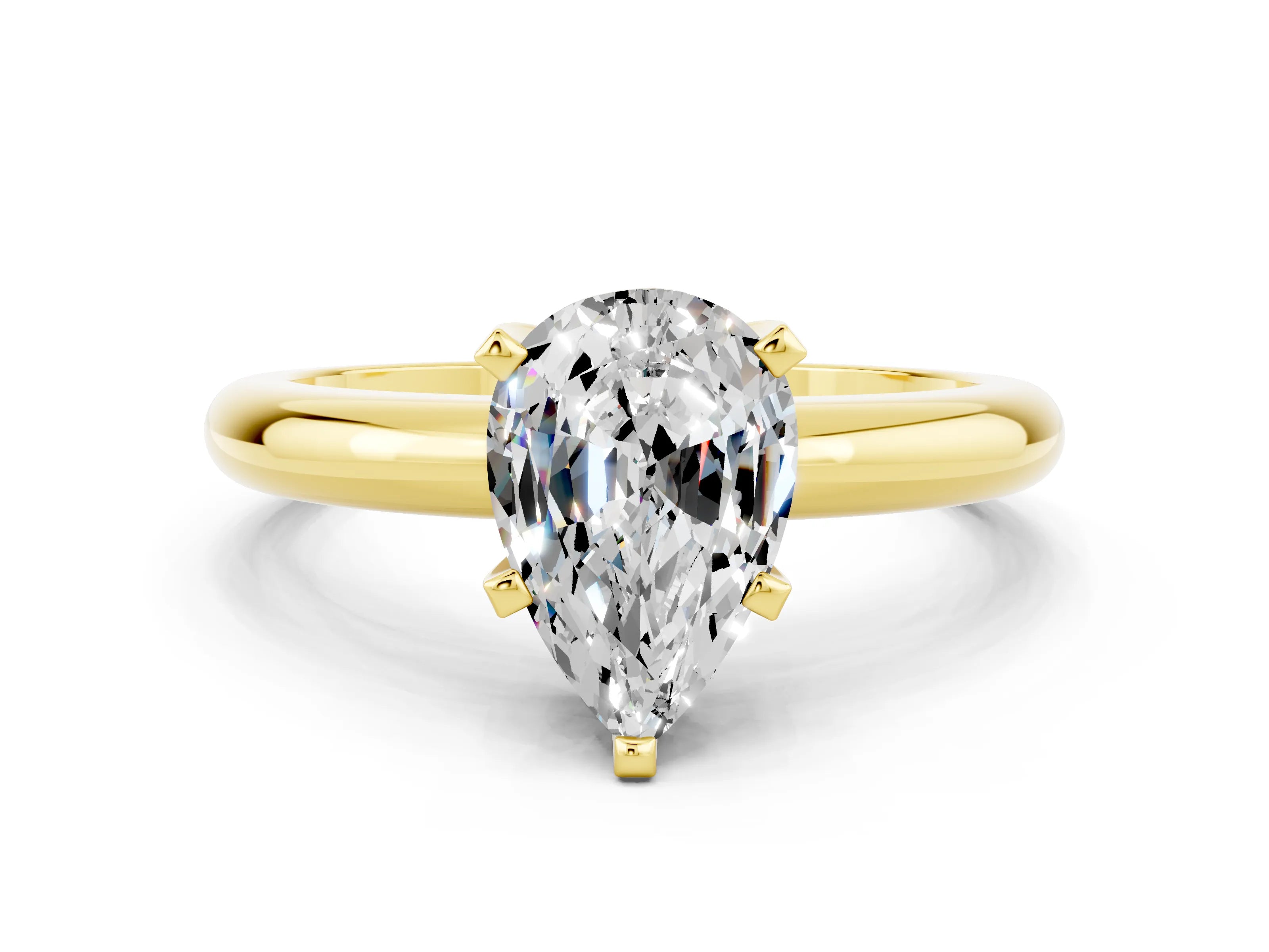 Yellow gold Pear Cut Moissanite Solitaire Engagement Ring with Round Band and Four-Prong Setting