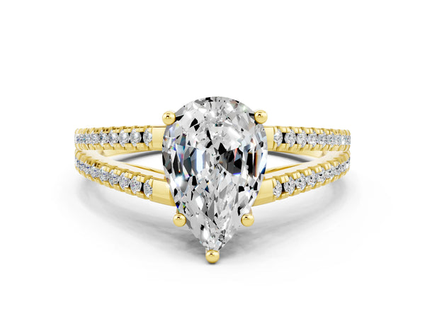 Yellow gold Pear Cut Moissanite Solitaire Engagement Ring with Split Shank Pavé Band
