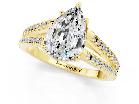 Yellow gold Pear Cut Moissanite Solitaire Engagement Ring with Split Shank Pavé Band_1
