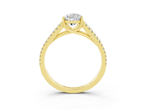 Yellow gold Pear Cut Moissanite Solitaire Engagement Ring with Split Shank Pavé Band