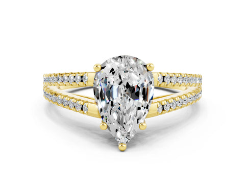 Yellow gold Pear Cut Moissanite Solitaire Engagement Ring with Split Shank Pavé Band