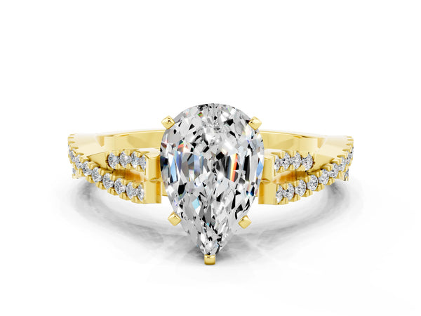 Yellow gold Pear Cut Moissanite Solitaire Engagement Ring with Twisted Pavé Band and Four-Prong Setting