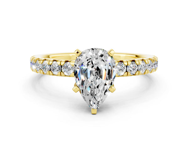 Yellow gold Pear Cut Moissanite Solitaire Pavé Engagement Ring with Round Band and Prong Setting